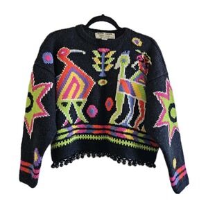 Vtg Kitty Hawk by Vivian Wang Colorful Ethnic Beaded Cropped Sweater S